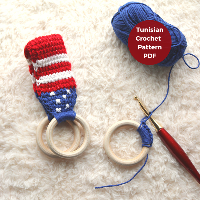 This pattern is for a crochet kitchen towel topper in the American colors. It’s a beginner project to practice the basics of Tunisian crochet! 