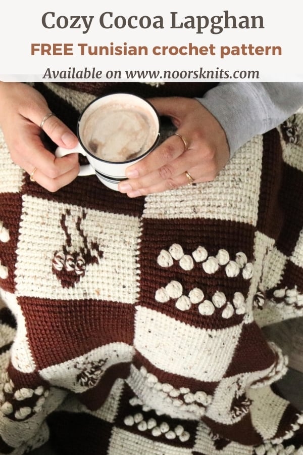 Free crochet afghan patterns featuring the cozy cocoa lapghan with Tunisian crochet stitches and crochet colorwork.