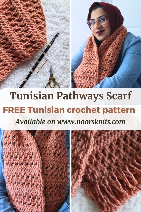 Free crochet scarf pattern using basic Tunisian crochet stitches that creates a beautiful texture for a chunky crochet scarf pattern.